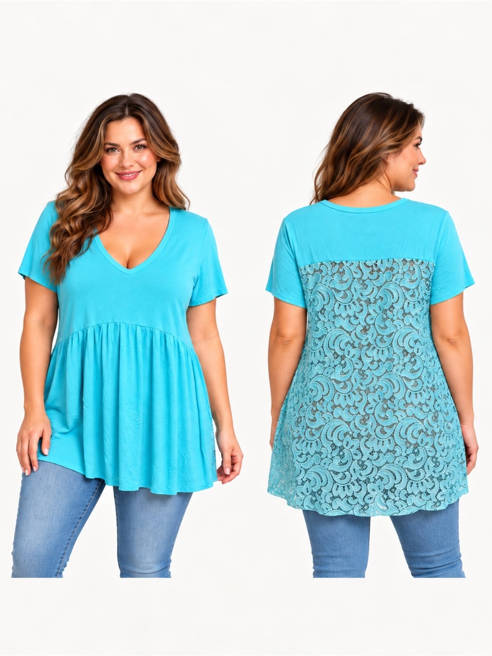 Heimish USA Turquoise V-Neck Lace Back Babydoll Tunic Top XL NWOT